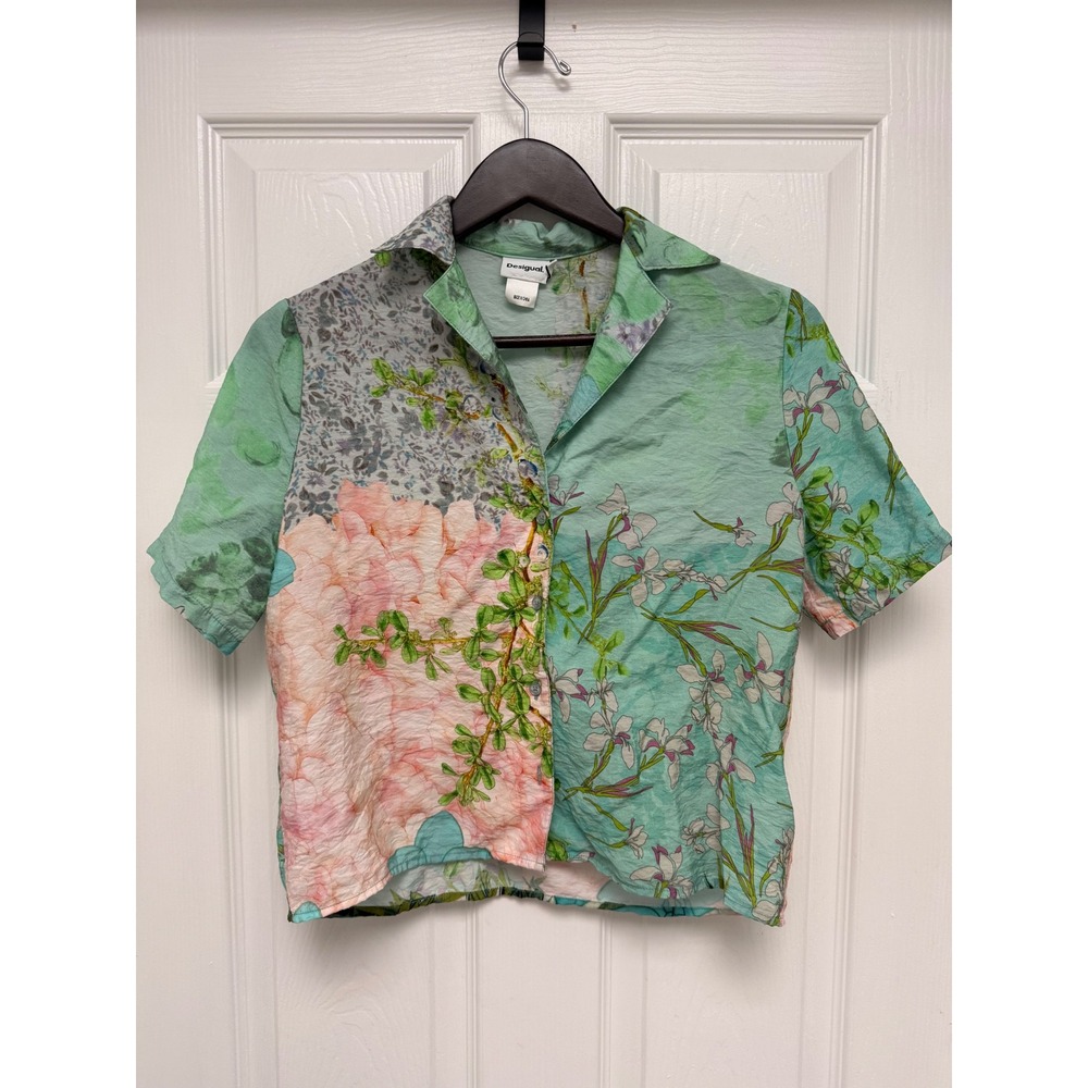 Desigual Womens S Mint Green Floral Mixed Print Short Sleeve Button Down Shirt